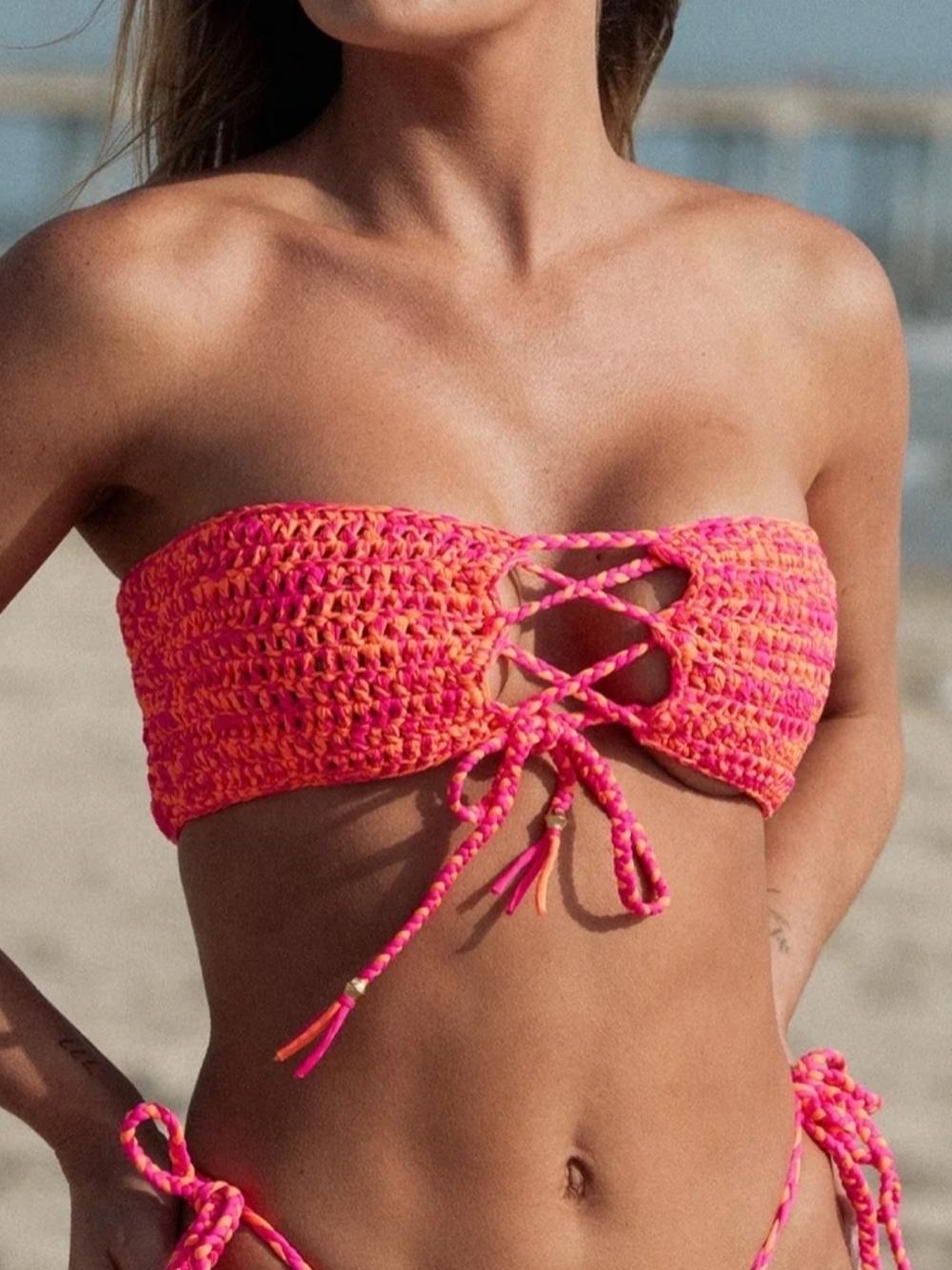 JMP The Label Punta Mita Crochet Bandeau Top – Pink Mirage | Lace-Up. NWT Size L
